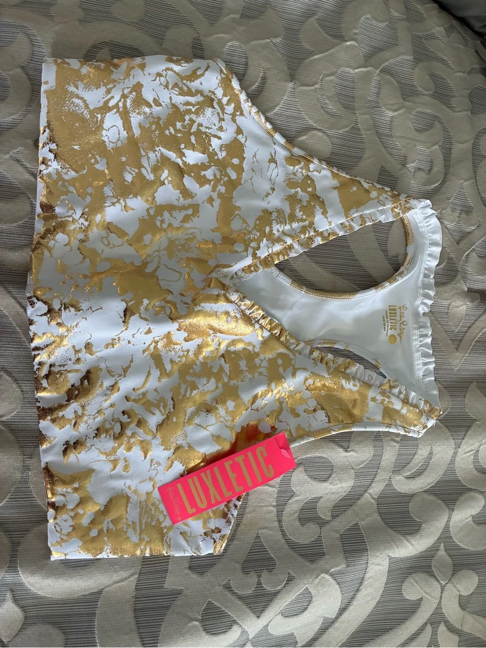 NWT Lilly Pulitzer White and Gold Marble Racerback Sports Bra XL - Picture 1 of 3